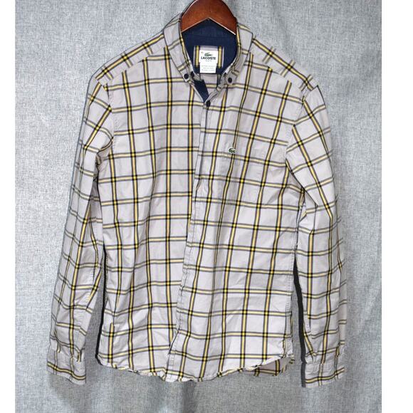 Lacoste Men’s Slim Fit Plaid Button-Down Shirt Gray Yellow Blue Size 42 (Large) - Picture 1 of 3